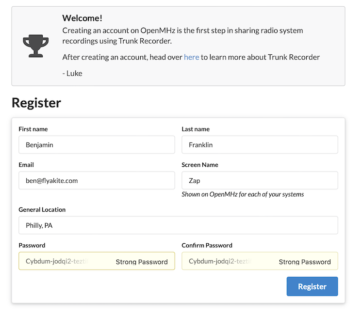 OpenMHz User Info registration screenshot